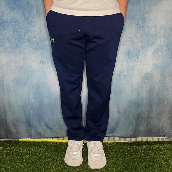 Under Armour Sweatpants Navy Blue Polyester Green Embroidered Logo Loose Fit - Picture 2 of 4